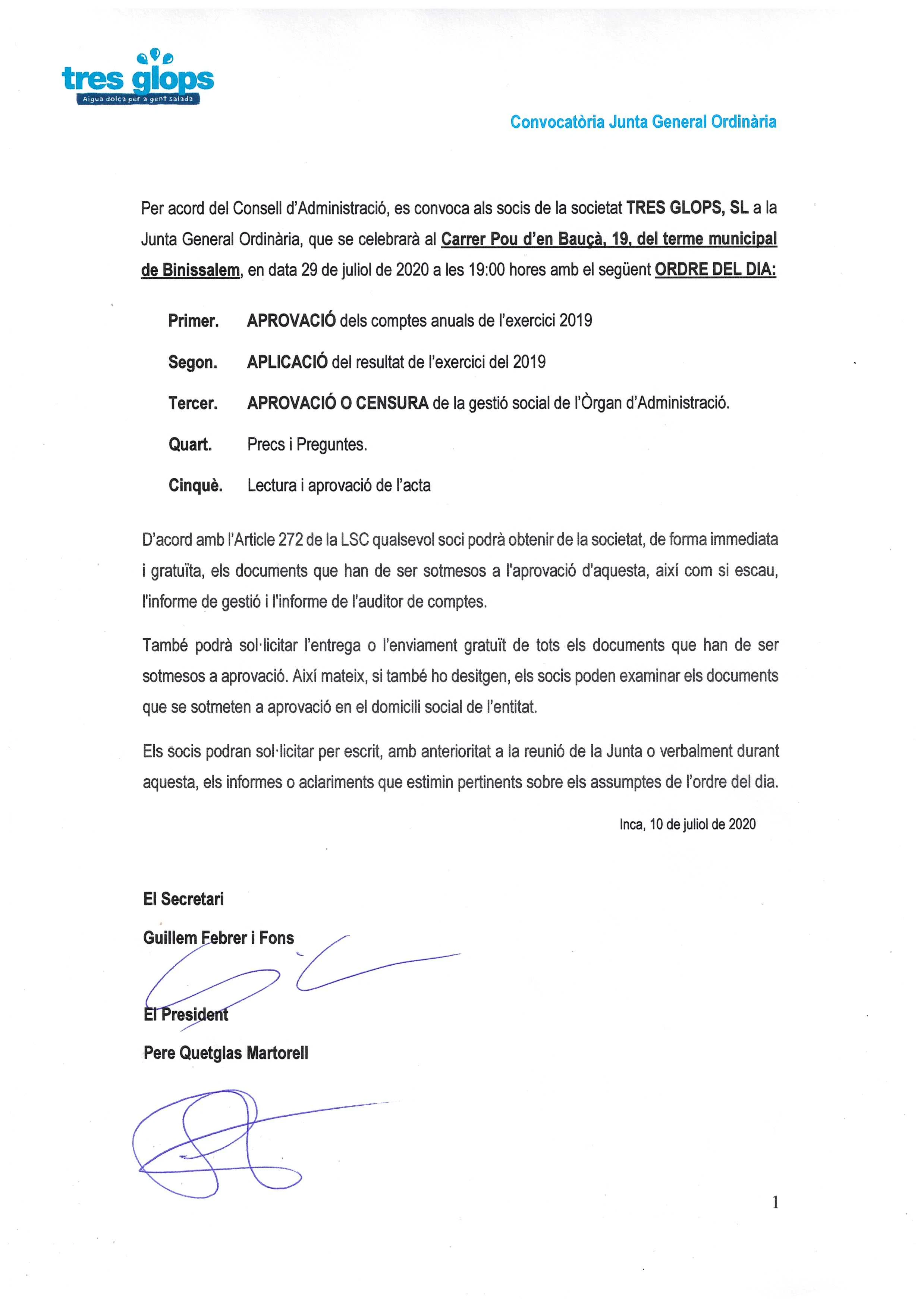 Convocatòria Junta General Ordinària de Tres Glops