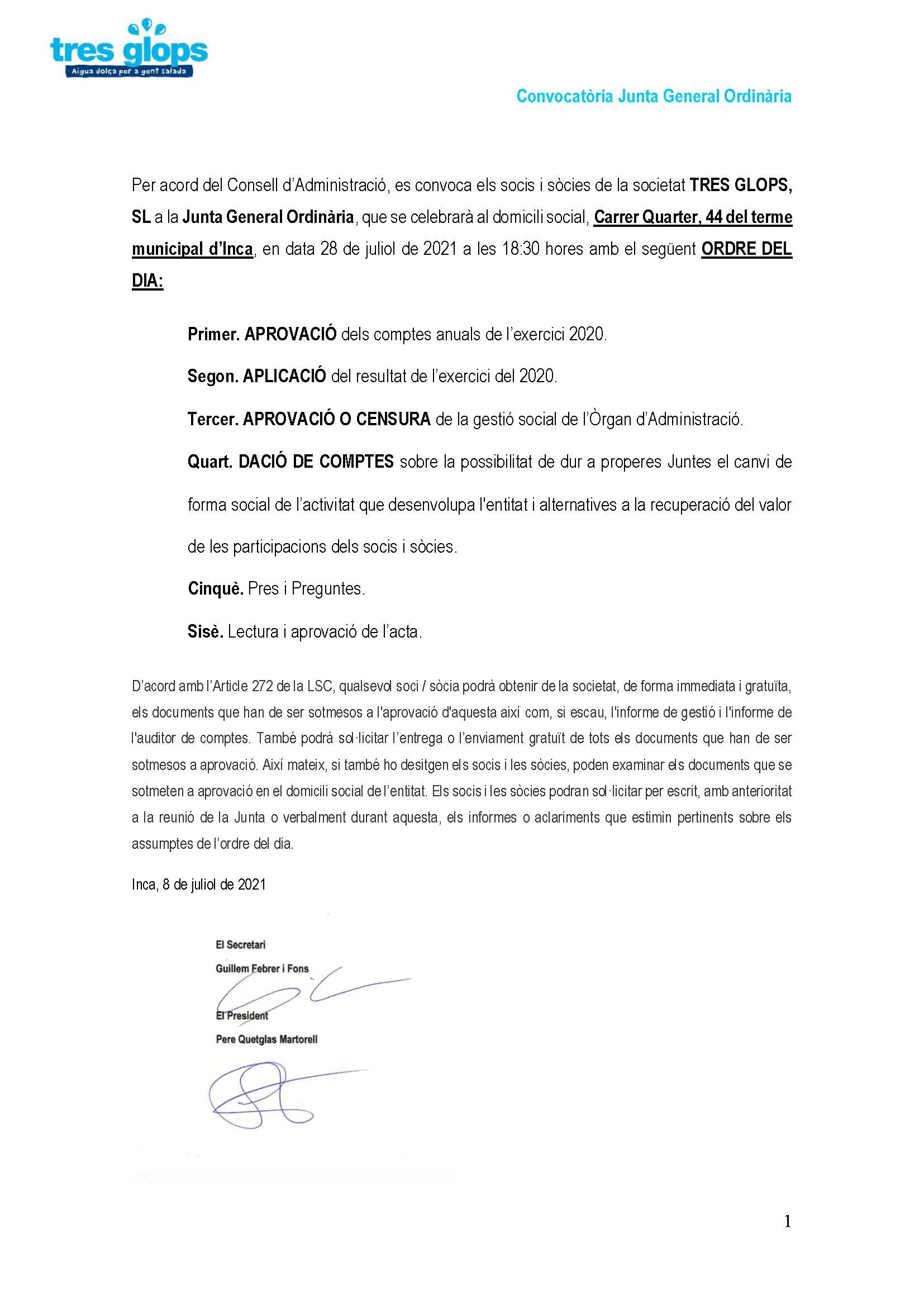 Tres Glops: Convocatòria Junta General Ordinària